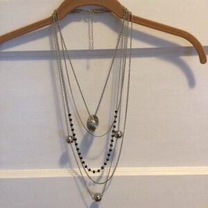 Multi-Layer Silver Tone Necklace with Black Bead Accents